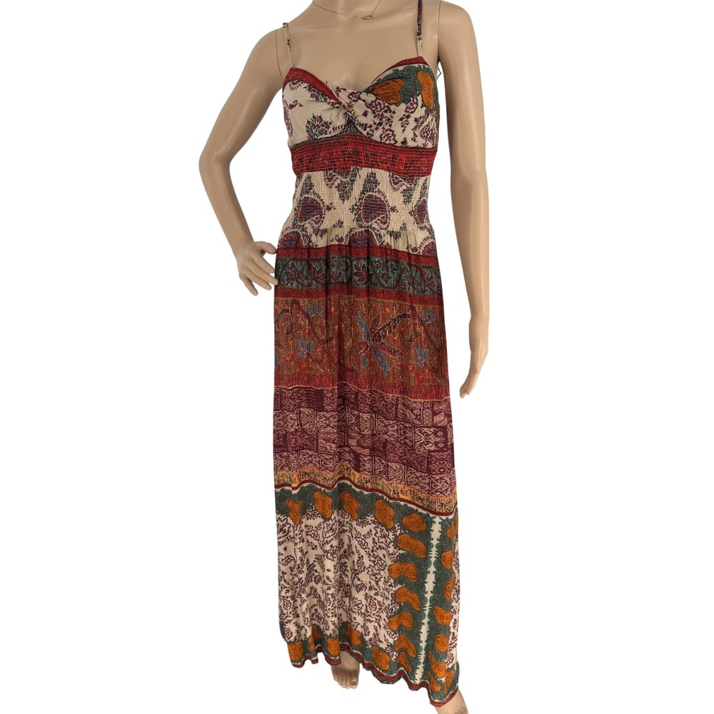 Pull&Bear Women Small Boho Paisley Floral Smocked Maxi‎ Dress Red Multi Strappy